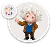 Карикатурний персонаж, схожий на Альберта Ейнштейна, з символом Tableau, вітає з жестом руки.